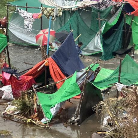 Temporary shelters made of tarpaulin have been destroyed by heavy rains in earthquake-hit Myanmar 